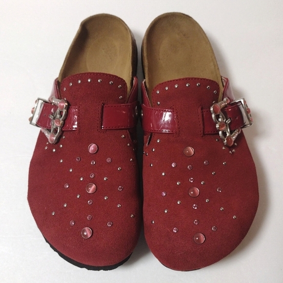 Birkenstock Shoes - Birkenstock Betula Rocko Studded Suede Slip-On Cork Buckle Clogs Cranberry 39